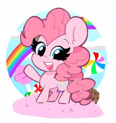 Size: 1931x2048 | Tagged: safe, artist:kittyrosie, part of a set, pinkie pie, earth pony, pony, g4, blushing, candy, cute, diapinkes, female, food, ice cream, lollipop, mare, open mouth, rainbow, smiling, solo