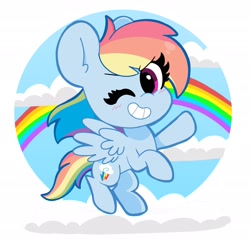 Size: 2048x1959 | Tagged: safe, artist:kittyrosie, part of a set, rainbow dash, pegasus, pony, g4, blushing, cloud, cute, dashabetes, female, flying, kittyrosie is trying to murder us, mare, one eye closed, rainbow, sky, smiling, solo, wink