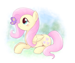 Size: 3193x2714 | Tagged: safe, artist:ginmaruxx, fluttershy, butterfly, pegasus, pony, g4, blushing, cute, female, folded wings, high res, looking at something, mare, pixiv, profile, prone, shyabetes, smiling, solo, wings