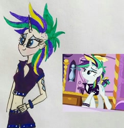 Size: 468x481 | Tagged: safe, artist:lunaart, screencap, rarity, human, g4, alternate hairstyle, alternative cutie mark placement, belly button, cutie mark on human, female, horn, horned humanization, humanized, midriff, punk, raripunk, screencap reference, shoulder cutie mark, solo, traditional art