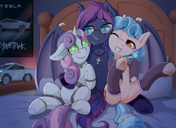 Size: 3500x2550 | Tagged: safe, artist:fearingfun, cozy glow, sweetie belle, oc, oc:bitmaker, bat pony, pony, robot, robot pony, g4, bed, canon x oc, clothes, cozybetes, cross necklace, cuddling, cute, diasweetes, fangs, female, glasses, high res, male, mare, older, older cozy glow, older sweetie belle, socks, sweetie bot, tesla, tesla cybertruck, underhoof