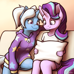 Size: 2000x2000 | Tagged: safe, artist:ohemo, starlight glimmer, trixie, unicorn, anthro, g4, alternate hairstyle, atg 2020, babysitter trixie, clothes, duo, female, high res, hoodie, mare, newbie artist training grounds