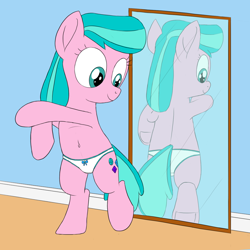 Size: 1500x1500 | Tagged: safe, artist:unsavorydom, aquamarine, pony, g4, belly button, bipedal, clothes, female, filly, mirror, panties, reflection, ribbon, solo, underwear, white underwear