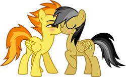 Size: 7000x4291 | Tagged: safe, artist:n0kkun, daring do, spitfire, pegasus, pony, g4, blushing, daringfire, eyes closed, female, kissing, lesbian, mare, raised hoof, shipping, show accurate, simple background, transparent background