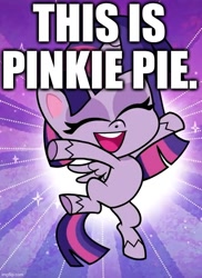 Size: 516x710 | Tagged: safe, edit, edited screencap, screencap, twilight sparkle, alicorn, pony, g4.5, my little pony: pony life, princess probz, caption, context is for the weak, cropped, eyes closed, female, happy, image macro, implied pinkie pie, mare, op isn't kidding, open mouth, smiling, solo, text, truth, twilight sparkle (alicorn)