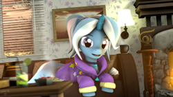 Size: 3840x2160 | Tagged: safe, artist:alicorntwilysparkle, trixie, pony, unicorn, g4, 3d, alternate hairstyle, babysitter trixie, clothes, evening, female, high res, hoodie, solo, source filmmaker