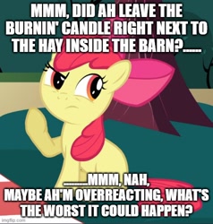 Size: 500x526 | Tagged: safe, edit, edited screencap, editor:twi clown, screencap, apple bloom, earth pony, pony, g4, hearts and hooves day (episode), caption, cropped, female, filly, image macro, mare, raised eyebrow, raised hoof, solo, text, thinking, this will end in fire