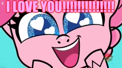 Size: 1146x638 | Tagged: source needed, safe, edit, edited screencap, screencap, pinkie pie, earth pony, pony, g4.5, my little pony: pony life, caption, chocolate with nuts, cute, cute eyes, diapinkes, excessive exclamation marks, heart eyes, i love you, image macro, looking at you, love, open mouth, smiling, smiling at you, spongebob squarepants, talking to viewer, text, treehouse logo, wingding eyes