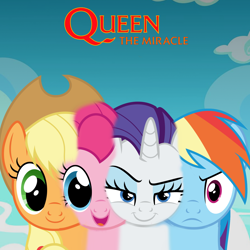Size: 2000x2000 | Tagged: safe, artist:dashiesparkle, artist:grapefruitface1, applejack, pinkie pie, rainbow dash, rarity, g4, album cover, conjoined, high res, ponified, ponified album cover, queen (band), rock (music), show accurate