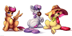 Size: 6000x3000 | Tagged: safe, artist:skitsroom, derpibooru exclusive, apple bloom, scootaloo, sweetie belle, earth pony, pegasus, pony, unicorn, g4, absurd resolution, adorabloom, applejack's hat, belly, butt, cheek fluff, chest fluff, clothes, cowboy hat, cute, cutealoo, cutie mark, cutie mark crusaders, diasweetes, dock, donut, female, filly, food, hat, looking back, mouth hold, one ear down, one eye closed, plot, raised hoof, scarf, simple background, sitting, straw in mouth, sweetie butt, the cmc's cutie marks, underhoof, white background