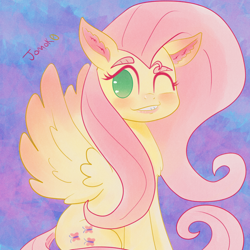 Size: 2048x2048 | Tagged: safe, artist:jomok0, fluttershy, pegasus, pony, g4, blushing, blushing wings, cutie mark, ear blush, ear fluff, female, grin, high res, lip bite, looking at you, mare, no pupils, one eye closed, simple background, sitting, smiling, solo, spread wings, wings, wink, winking at you