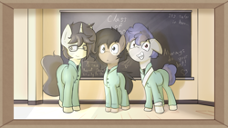 Size: 2800x1575 | Tagged: safe, artist:triplesevens, oc, oc only, oc:longfolia, oc:short fuse, oc:triple sevens, earth pony, pony, unicorn, braces, classroom, glasses, male, photo, smiling, stallion, trio