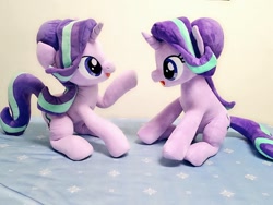Size: 1024x768 | Tagged: safe, artist:nekokevin, starlight glimmer, pony, unicorn, series:nekokevin's glimmy, g4, duality, duo, female, imminent boop, irl, looking at each other, mare, open mouth, photo, plushie, raised hoof, self ponidox, sitting, smiling