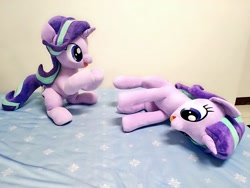 Size: 1024x768 | Tagged: safe, artist:nekokevin, starlight glimmer, pony, unicorn, series:nekokevin's glimmy, g4, duality, duo, female, hooves together, irl, lying down, mare, open mouth, photo, plushie, raised hoof, self ponidox, sitting, smiling