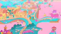 Size: 1238x697 | Tagged: safe, screencap, g4.5, my little pony: pony life, princess probz, coast, logo, ponyville, stephen davis, sugar packet place, sugarcube corner, sweet apple acres, text, treehouse logo, water