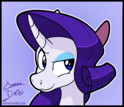 Size: 900x777 | Tagged: safe, artist:enma-darei, rarity, pony, unicorn, g4, bust, curved horn, female, horn, lidded eyes, mare, portrait, smiling, solo