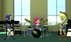 Size: 5120x3072 | Tagged: safe, artist:n3onh100, applejack, pinkie pie, rarity, human, equestria girls, g4, 3d, bass guitar, canterlot high, drums, keyboard, korg, musical instrument, pendulum, speaker, synthesizer