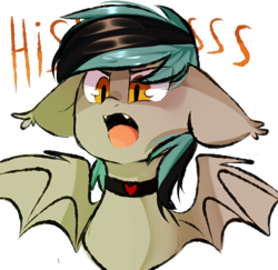 Size: 1000x970 | Tagged: safe, artist:thieftea, oc, oc only, oc:greycedar, bat pony, pony, angry, choker, cute, fangs, floppy ears, heart, hissing, male, open mouth, simple background, solo, stallion, text, white background