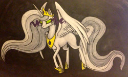 Size: 3164x1896 | Tagged: safe, artist:bloodroseofpi, princess celestia, alicorn, pony, g4, clothes, corrupted, corrupted celestia, dark magic, discorded, female, jewelry, magic, peytral, possessed, shoes, solo, sombra eyes, story included, tiara