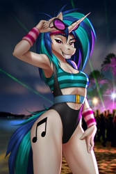 Size: 2000x3000 | Tagged: safe, artist:mykegreywolf, dj pon-3, vinyl scratch, unicorn, anthro, g4, 80s, breasts, clothes, female, high res, high-cut clothing, mare, reasonably sized breasts, solo, sports bra, sunglasses, workout outfit