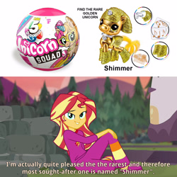 Size: 1600x1600 | Tagged: safe, edit, edited screencap, screencap, sunset shimmer, unicorn, equestria girls, equestria girls series, g4, wake up!, spoiler:choose your own ending (season 2), spoiler:eqg series (season 2), clothes, female, fire pit, grass, irl, looking at you, outdoors, pajamas, photo, sitting, slippers, smiling, smiling at you, text, toy, wake up!: applejack, zuru 5 surprise