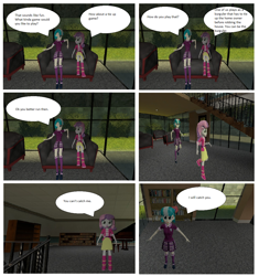 Size: 1176x1251 | Tagged: safe, artist:brightstar40k, coco pommel, sweetie belle, comic:sweetie belle's tie up game, equestria girls, g4, 3d, boots, clothes, comic, couch, crystal prep academy uniform, dialogue, jacket, looking at each other, running, school uniform, shoes, skirt, source filmmaker, speech bubble, t pose