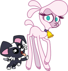 Size: 1173x1218 | Tagged: safe, artist:mane6, pom (tfh), dog, lamb, sheep, them's fightin' herds, bell, bell collar, blue eyes, cloven hooves, collar, community related, cute, duo, female, frown, green eyes, looking at you, nervous, no pupils, puppy, raised hoof, simple background, transparent background, vector