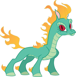Size: 1587x1618 | Tagged: safe, artist:mane6, tianhuo (tfh), dragon, hybrid, longma, them's fightin' herds, community related, dragoness, female, fire, looking at you, mane of fire, simple background, slit pupils, smiling, solo, tail of fire, transparent background, vector