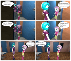 Size: 2416x2074 | Tagged: safe, artist:brightstar40k, coco pommel, sweetie belle, comic:sweetie belle's tie up game 2, equestria girls, g4, 3d, boots, clothes, comic, crystal prep academy uniform, dialogue, door, high res, jacket, looking at each other, school uniform, shoes, skirt, smiling, source filmmaker, speech bubble, t pose, table