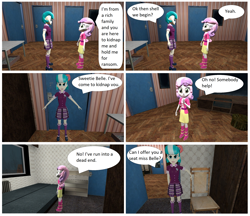 Size: 2412x2080 | Tagged: safe, artist:brightstar40k, coco pommel, sweetie belle, comic:sweetie belle's tie up game 2, equestria girls, g4, 3d, boots, chair, clothes, comic, crystal prep academy uniform, door, high res, jacket, looking at each other, school uniform, shoes, skirt, source filmmaker, speech bubble, t pose, table