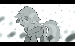 Size: 1560x966 | Tagged: safe, artist:another_pony, lyra heartstrings, pony, unicorn, fanfic:background pony, g4, clothes, dig the swell hoodie, fanfic art, female, grayscale, hoodie, letterboxing, monochrome, solo