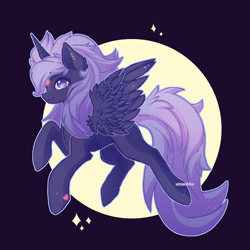 Size: 1300x1300 | Tagged: safe, artist:wintershibe, oc, oc only, oc:night glow, alicorn, pony, alicorn oc, flying, horn, moon, solo, wings