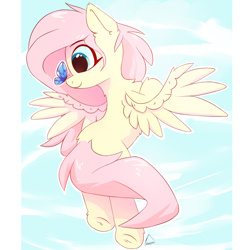 Size: 1500x1500 | Tagged: safe, artist:glazirka, fluttershy, butterfly, pegasus, pony, g4, butterfly on nose, chest fluff, cute, ear fluff, female, flying, glazirka is trying to murder us, insect on nose, leg fluff, looking at something, mare, profile, shyabetes, sky, smiling, solo, spread wings, turned head, wings