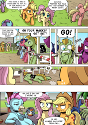 Size: 1204x1700 | Tagged: safe, artist:tarkron, applejack, fluttershy, oc, oc:feather fun, earth pony, hippogriff, pegasus, pony, comic:what happens in las pegasus, g4, angry, applejack is not amused, bikini, butt, clothes, comic, dead, death, epic fail, fail, female, fluttershy is not amused, gah, gambling, heart attack, horse race, male, mare, plot, scam, shrunken pupils, sling bikini, stallion, swimsuit, unamused
