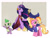 Size: 1600x1200 | Tagged: safe, artist:mew-me, luster dawn, owlowiscious, spike, twilight sparkle, alicorn, bird, dragon, owl, pony, unicorn, g4, my little pony: friendship is magic, the last problem, broken horn, clothes, collar, cosplay, costume, crossover, dress, ear piercing, earring, edalyn clawthorne, fangs, hoodie, hoof shoes, horn, jewelry, king clawthorne, luz noceda (the owl house), mask, older, older twilight, older twilight sparkle (alicorn), one eye closed, open mouth, owlbert, palisman, pet tag, piercing, princess twilight 2.0, skull, staff, the owl house, titan costume, twilight sparkle (alicorn), wink, witch costume