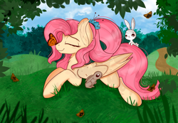 Size: 5787x3996 | Tagged: safe, artist:janelearts, angel bunny, fluttershy, butterfly, pony, rabbit, g4, the last problem, absurd resolution, animal, chest fluff, cute, ear fluff, eyes closed, older, older fluttershy, profile, prone, shyabetes