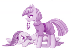 Size: 1280x915 | Tagged: safe, artist:dstears, maud pie, pinkie pie, earth pony, pony, g4, atg 2020, comforting, duo, female, floppy ears, mare, monochrome, mouth hold, newbie artist training grounds, pinkamena diane pie, purple, rock candy necklace, sad, siblings, simple background, sisters, white background