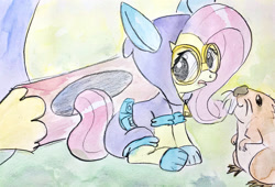 Size: 2000x1358 | Tagged: safe, artist:mandumustbasukanemen, fluttershy, beaver, pony, g4, bunny ears, clothes, costume, dangerous mission outfit, female, goggles, hoodie, log, looking at you, sitting, three quarter view, traditional art, watercolor painting