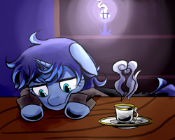 Size: 1000x800 | Tagged: safe, artist:ce2438, oc, oc only, oc:moonlight toccata, pony, unicorn, clothes, cup, horn, indoors, plate, solo, teacup, unicorn oc