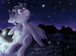 Size: 1280x940 | Tagged: safe, artist:krista-21, oc, oc only, oc:garik, firefly (insect), insect, pegasus, pony, amazed, floppy ears, looking up, my god its full of stars, night, open mouth, outdoors, partially open wings, scenery, shooting star, sitting, solo, space helmet, stars, turned head, wide eyes, wings