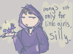 Size: 825x609 | Tagged: safe, artist:krista-21, human, brony, clothes, dialogue, holding, hoodie, solo, toy