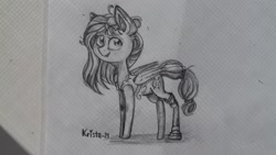 Size: 1280x720 | Tagged: safe, artist:krista-21, kerfuffle, pegasus, pony, g4, amputee, aside glance, female, folded wings, looking at you, mare, monochrome, open mouth, open smile, pencil drawing, prosthetic leg, prosthetic limb, prosthetics, smiling, smiling at you, solo, standing, traditional art, wings