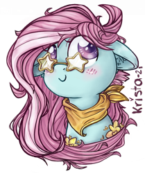 Size: 530x635 | Tagged: safe, artist:krista-21, kerfuffle, pegasus, pony, g4, blushing, bust, female, floppy ears, glasses, looking away, looking up, mare, neckerchief, novelty glasses, portrait, simple background, smiling, solo, star glasses, three quarter view, transparent background