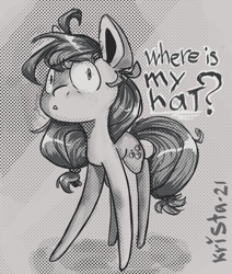Size: 685x808 | Tagged: safe, artist:krista-21, applejack, earth pony, pony, g4, dialogue, female, hatless, mare, missing accessory, monochrome, screentone, solo, standing, three quarter view