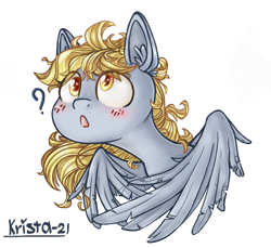 Size: 726x666 | Tagged: safe, artist:krista-21, derpy hooves, pegasus, pony, g4, blushing, bust, female, looking up, mare, messy mane, open mouth, portrait, question mark, simple background, solo, three quarter view, transparent background, wings