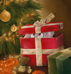 Size: 2772x2858 | Tagged: safe, artist:krista-21, oc, oc only, oc:krista pebble, pony, box, christmas, christmas lights, christmas ornament, christmas presents, christmas tree, cyrillic, decoration, high res, holiday, peeking, pony in a box, pony present, solo, teddy bear, tree