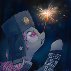 Size: 1269x1285 | Tagged: safe, artist:krista-21, oc, oc only, oc:krista pebble, pony, clothes, hat, mouth hold, night, profile, smiling, solo, sparkler (firework), sweater, ushanka