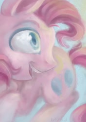 Size: 1280x1810 | Tagged: safe, artist:krista-21, pinkie pie, earth pony, pony, g4, female, looking at something, looking away, lying down, mare, open mouth, open smile, profile, prone, smiling, solo, turned head