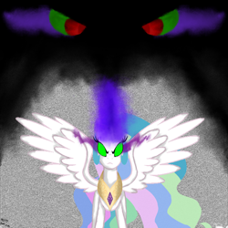 Size: 2000x2000 | Tagged: safe, artist:derpyisthebestpony, king sombra, princess celestia, alicorn, pony, unicorn, g4, corrupted, corrupted celestia, dark magic, dark queen, darkened hair, emperor and empress, female, glowing eyes, glowing horn, high res, horn, king and queen, magic, male, possessed, ship:celestibra, shipping, shipping fuel, slit pupils, sombra eyes, straight, tyrant celestia