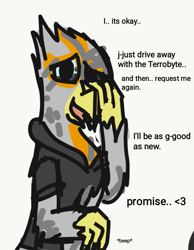 Size: 743x958 | Tagged: safe, artist:somber, oc, oc only, griffon, clothes, dialogue, grand theft auto, griffon oc, lamborghini, male, solo